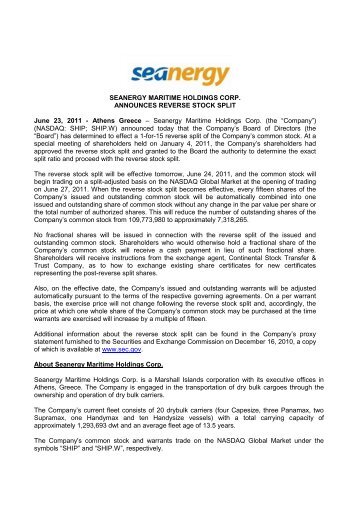 Seanergy Maritime Holdings Corp. Announces Reverse Stock Split