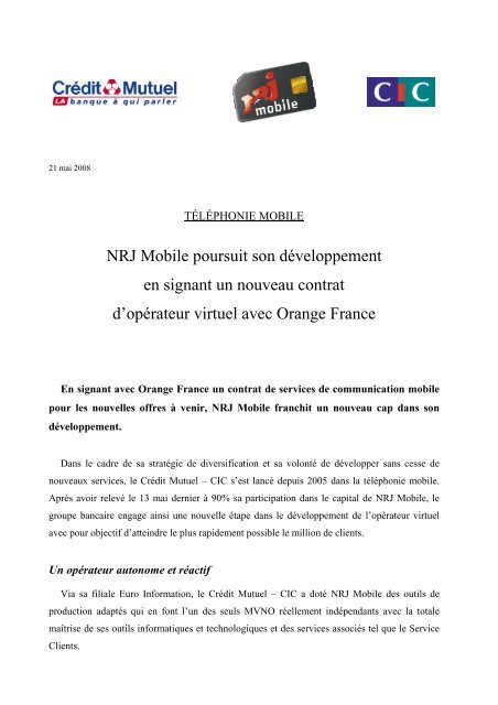 NRJ Mobile poursuit son dÃ©veloppement en signant ... - CrÃ©dit Mutuel