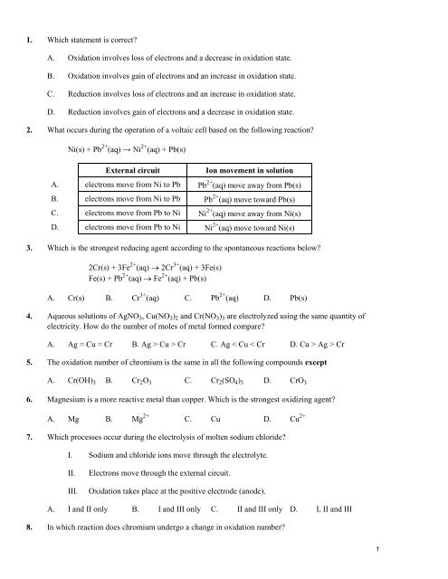 Practise questions on oxidation and reduction