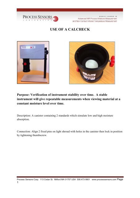 USE OF A CALCHECK - Process Sensors Corp.