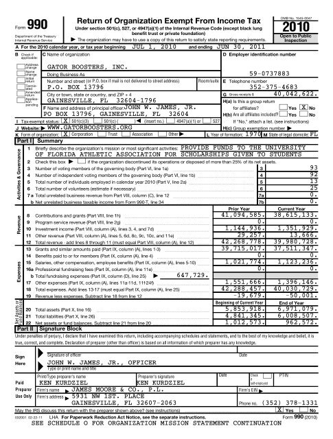 2010 IRS Form 990 - Gator Boosters, Inc.