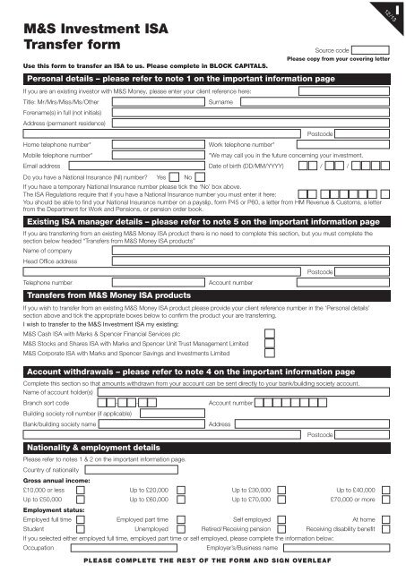 Transfer Form - M&S Investment ISA - M&S Bank - Marks & Spencer