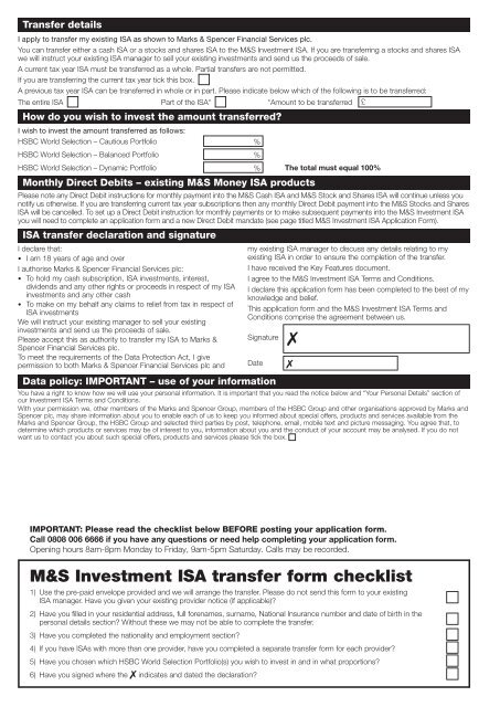 Transfer Form - M&S Investment ISA - M&S Bank - Marks & Spencer