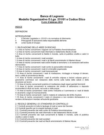 Banca di Legnano Modello Organizzativo D.Lgs. 231/01 e Codice ...