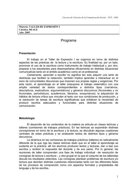 Taller I - Reale - 2005 - Carrera de Ciencias de la Comunicación