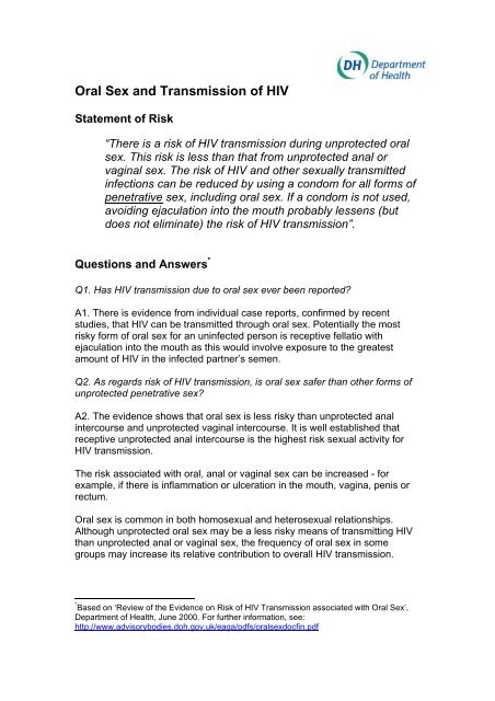 Oral Sex and Transmission of HIV Statement of Risk HIV Scotland