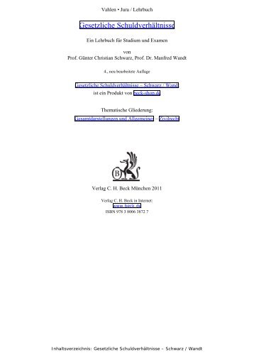 Gesetzliche Schuldverhältnisse - Schwarz / Wandt, Inhaltsverzeichnis