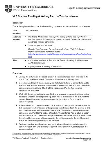 YLE Starters Reading & Writing Part 1 â Teacher's Notes