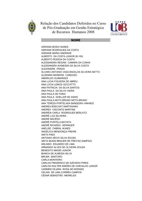 RelaÃ§Ã£o dos Candidatos Deferidos no Curso de PÃ³s-GraduaÃ§Ã£o em ...
