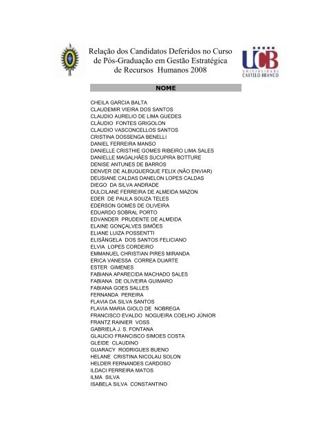 RelaÃ§Ã£o dos Candidatos Deferidos no Curso de PÃ³s-GraduaÃ§Ã£o em ...