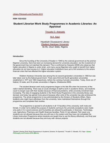 Student Librarian Work Study Programmes in Academic Libraries