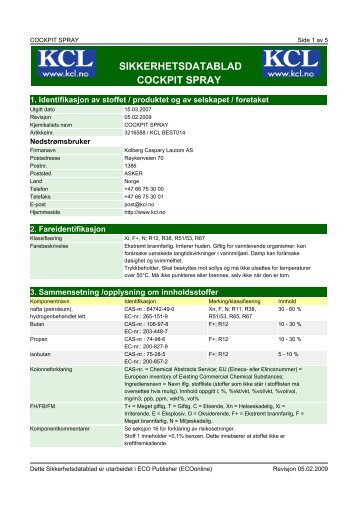 sikkerhetsdatablad cockpit spray - Kolberg Caspary Lautom AS