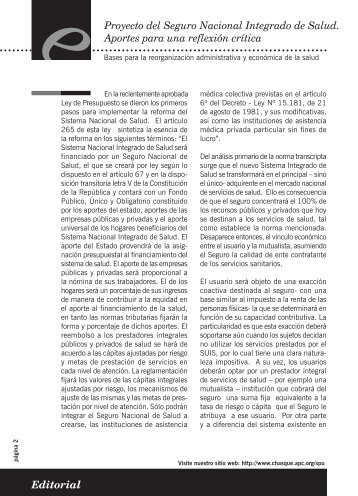 Editorial Proyecto del Seguro Nacional Integrado de Salud. Aportes ...