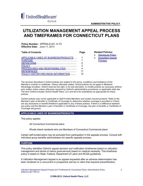 Utilization Management Appeal Process and Timeframes for ...