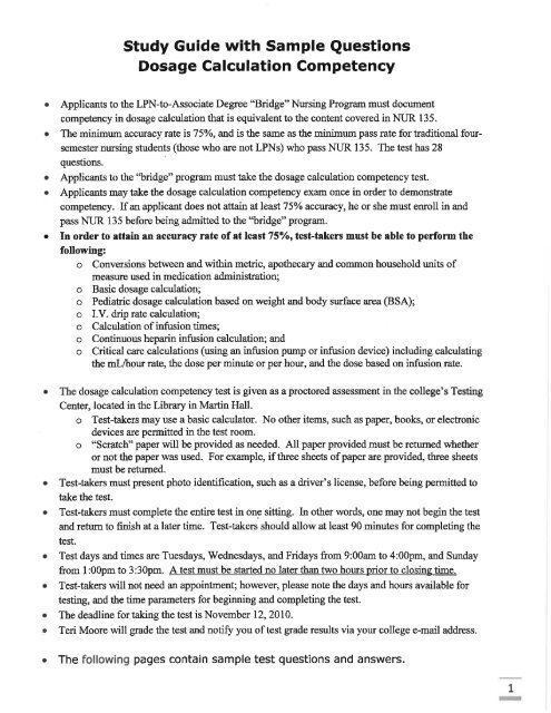 Study Guide With Sample Questions Dosage Calculation Competency