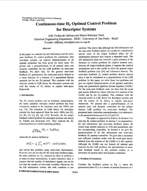 optimal control problem for descriptor systems
