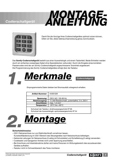 Somfy Codetaster Bedienungsanleitung - RollladenShop24.de