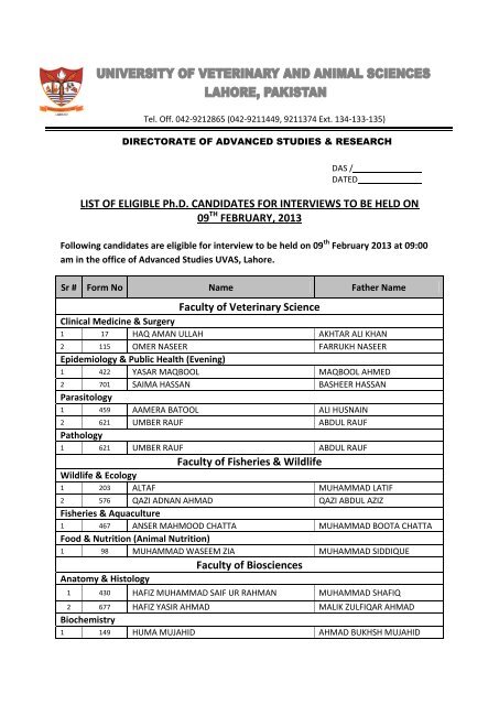 LIST OF ELIGIBLE Ph.D. CANDIDATES FOR INTERVIEWS ... - UVAS