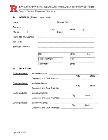 Rutgers University Athlete Agent Registration Form