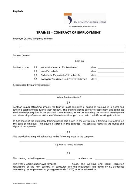 trainee - contract of employment - Tourismusschulen Bludenz