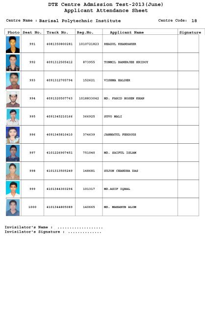 DTE Centre Admission Test-2013(June) Applicant Attendance Sheet