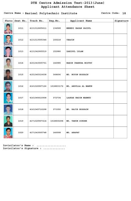 DTE Centre Admission Test-2013(June) Applicant Attendance Sheet