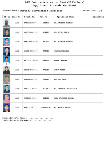 DTE Centre Admission Test-2013(June) Applicant Attendance Sheet