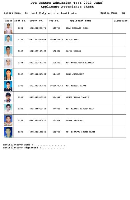 DTE Centre Admission Test-2013(June) Applicant Attendance Sheet