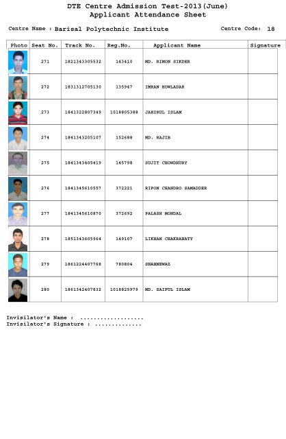 DTE Centre Admission Test-2013(June) Applicant Attendance Sheet