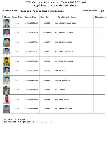 DTE Centre Admission Test-2013(June) Applicant Attendance Sheet