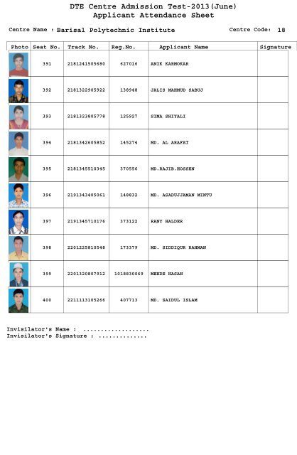 DTE Centre Admission Test-2013(June) Applicant Attendance Sheet