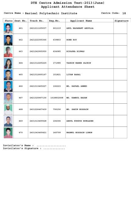 DTE Centre Admission Test-2013(June) Applicant Attendance Sheet