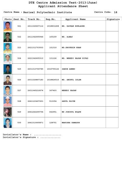 DTE Centre Admission Test-2013(June) Applicant Attendance Sheet