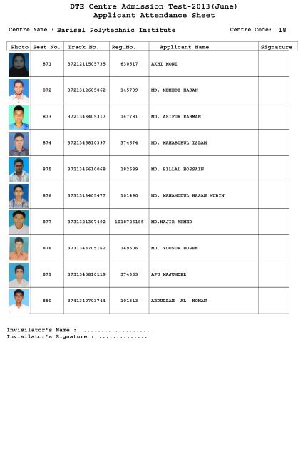 DTE Centre Admission Test-2013(June) Applicant Attendance Sheet