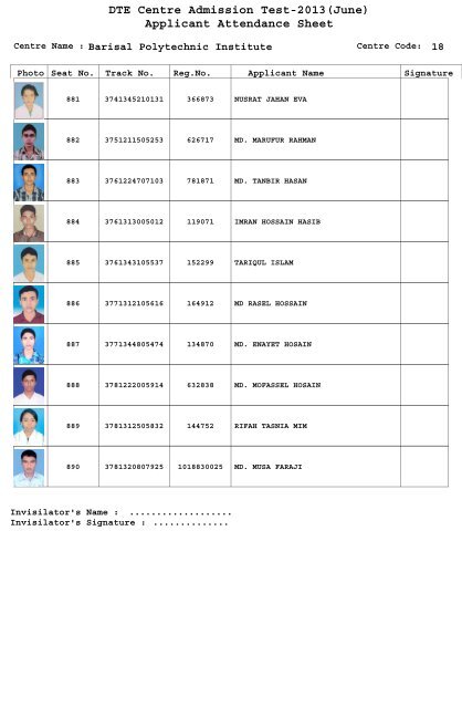 DTE Centre Admission Test-2013(June) Applicant Attendance Sheet