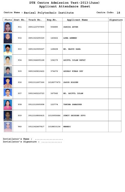 DTE Centre Admission Test-2013(June) Applicant Attendance Sheet