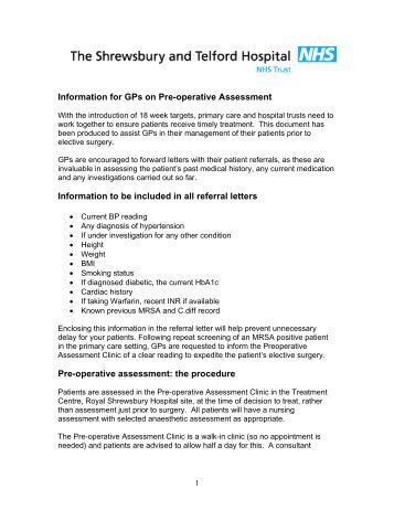 Information for GPs on Pre-Operative Assessment - Royal ...