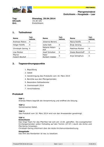 Pfarrgemeinderat Emlichheim â Hoogstede â Laar 1. Teilnehmer 2 ...