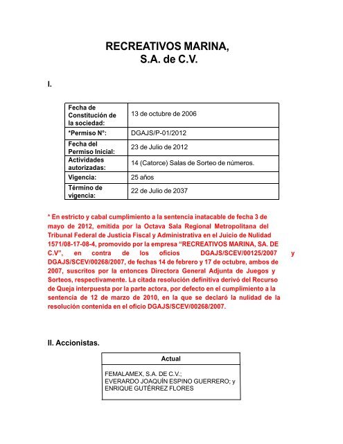 RECREATIVOS MARINA, SA de CV - Dirección General de Juegos ...