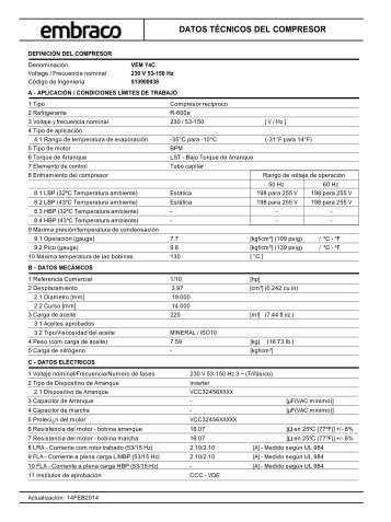 DATOS TÃCNICOS DEL COMPRESOR - Embraco