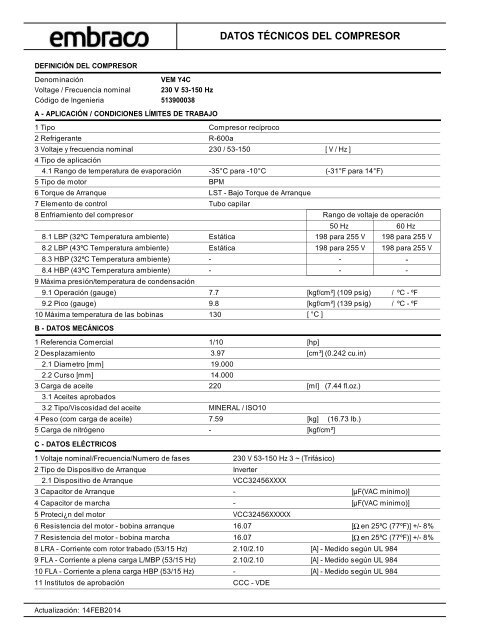 DATOS TÃCNICOS DEL COMPRESOR - Embraco