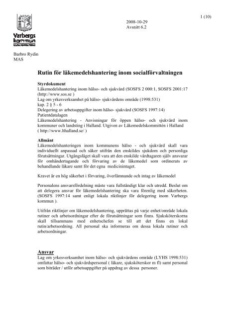 Rutin för läkemedelshantering inom socialförvaltningen - Varbergs ...