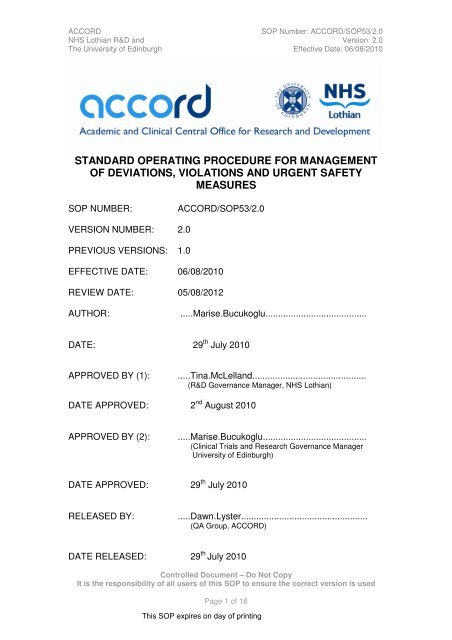 standard operating procedure for management of ... - Accord