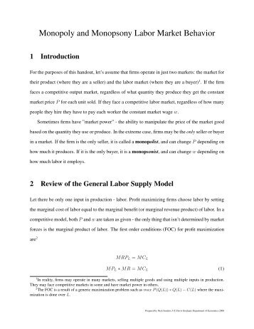 Monopoly and Monopsony Labor Market Behavior - Nicholas J ...