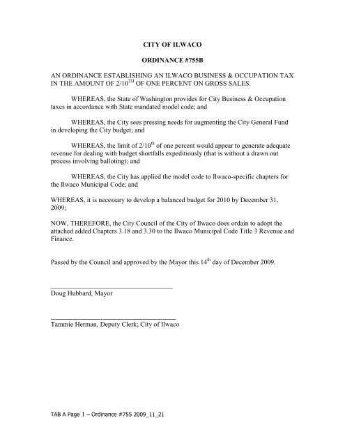 B & O Ordinance - City of Ilwaco