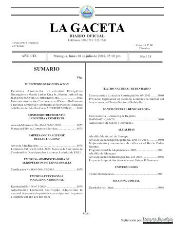 Gaceta - Diario Oficial de Nicaragua - # 138 de 18 Julio 2005