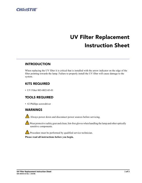 UV Filter Replacement Instruction Sheet - Christie Digital Systems