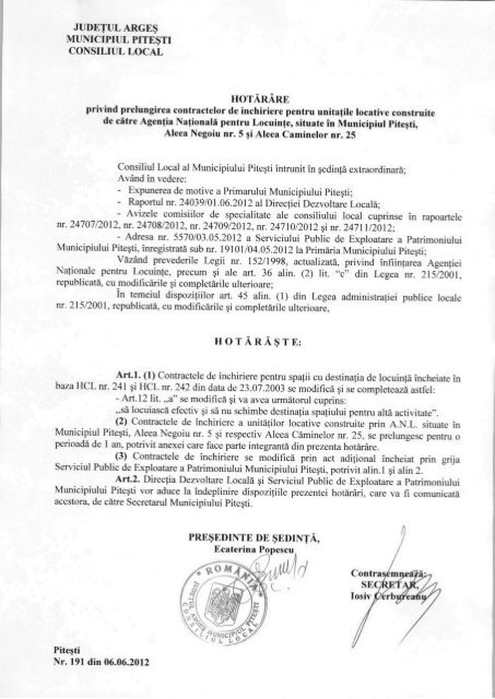 HCL 191-privind prelungirea unor contracte de inchiriere pentru ...