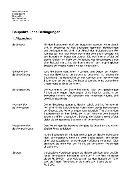 Baupolizeiliche Bedingungen - Departement Bau - Winterthur