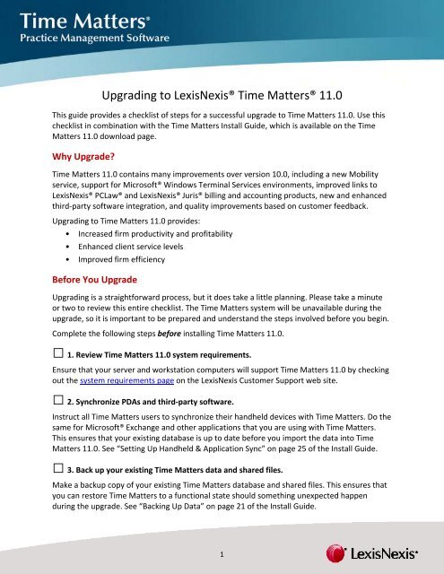 Time Matters Version 11 Upgrade Checklist - LexisNexis Support ...